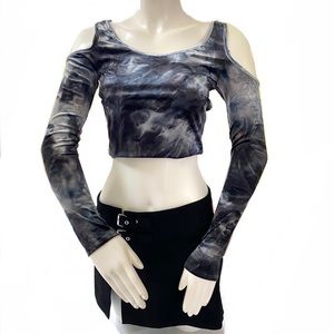 Goth punk Grey blue Tie Dye Psychedelic iridescent velvet Cold Shoulder crop Top